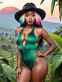 African woman with rainbow hair stands tall in the misty Rwandan mountains