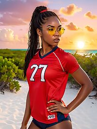 An athletic African woman wears a red volleyball uniform at sunset on the beach