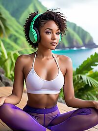 A seductive brunette stands in front of lush foliage on Dominica's mountainous terrain