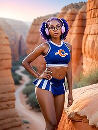 African girl wears a blue cheerleader uniform in the pre dawn Israeli desert of Red Canyon